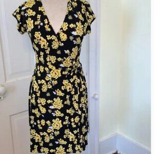NEW Michael Kors Faux Wrap Dress Sz XS Black Yellow Floral V Neck Side Tie NWT